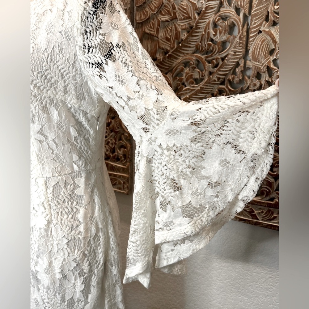 Lulus Allure 'Em In White Lace Bell Sleeve Bodycon Boho Fairycore Mini Dress - Picture 8 of 16